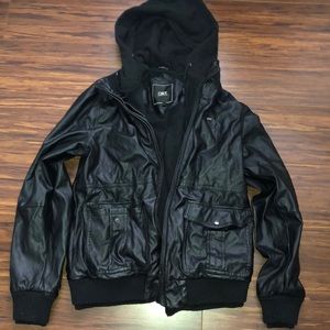 Obey black leather jacket with hood